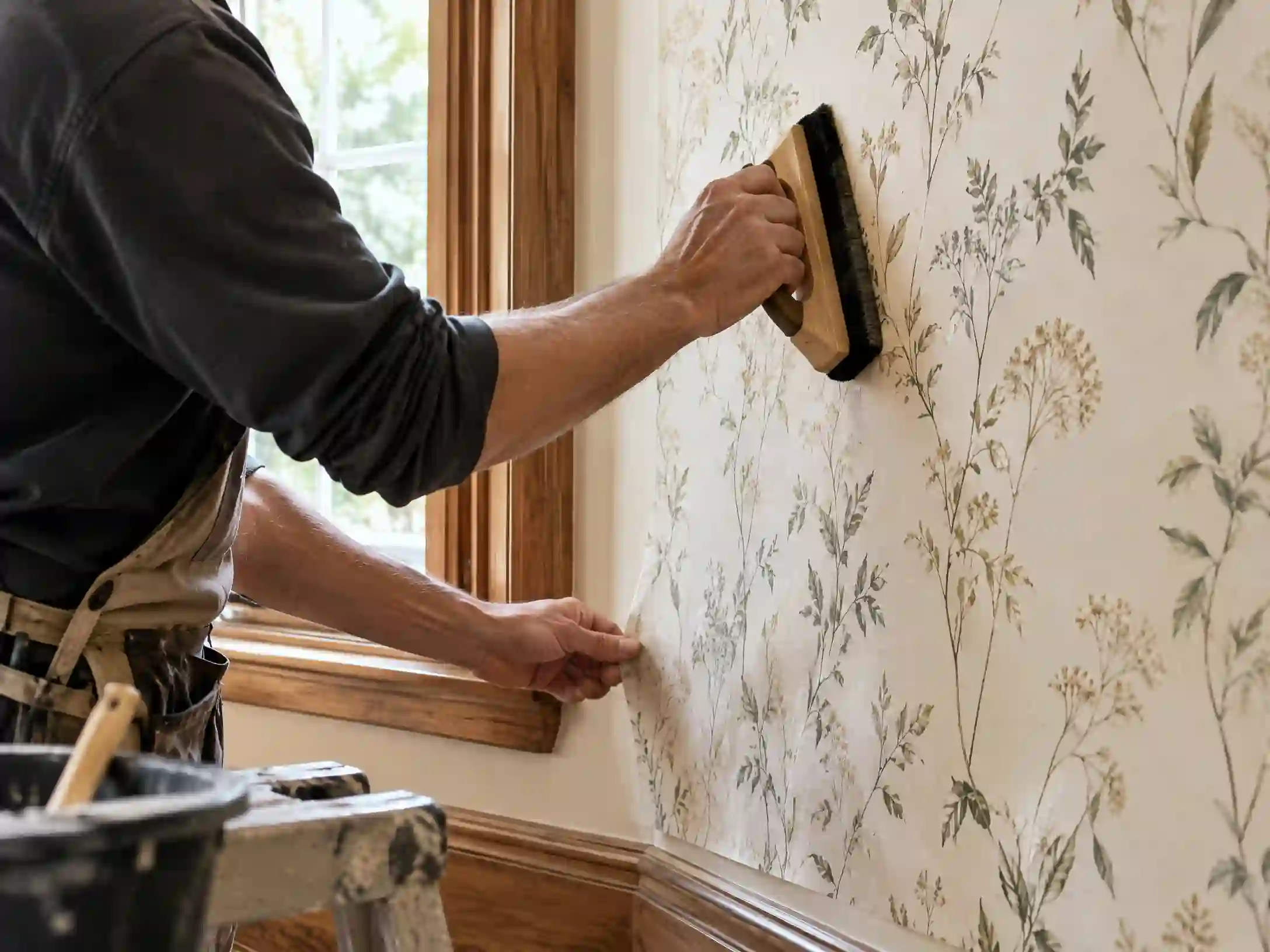 Professional wallpaper installer working on a smooth, natural interior installation